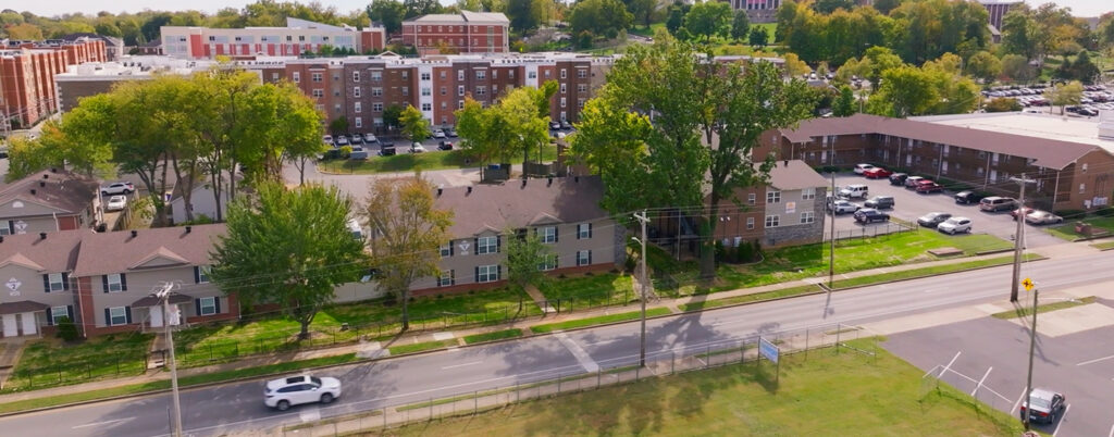 Drone aerial shot of the LifeWorks campus showing the main office and apartments.