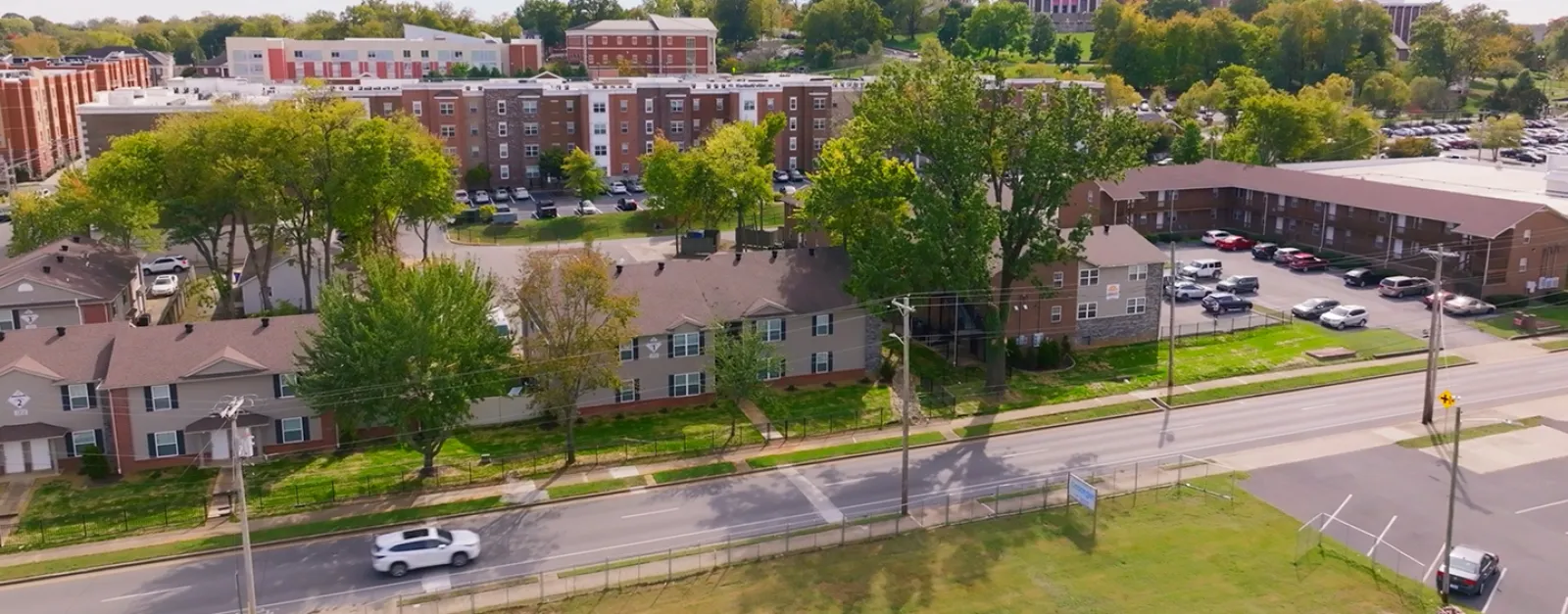 Drone aerial shot of the LifeWorks campus showing the main office and apartments.